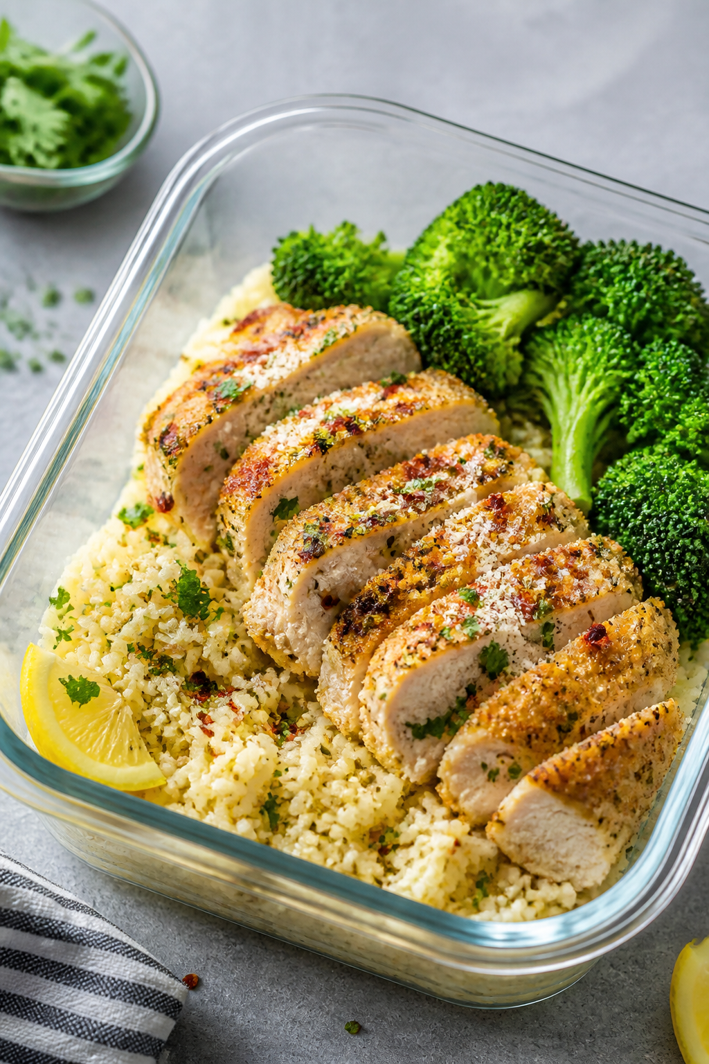 Final plated, restaurant-quality presentation: Single-serve meal prep container styled like a bistro