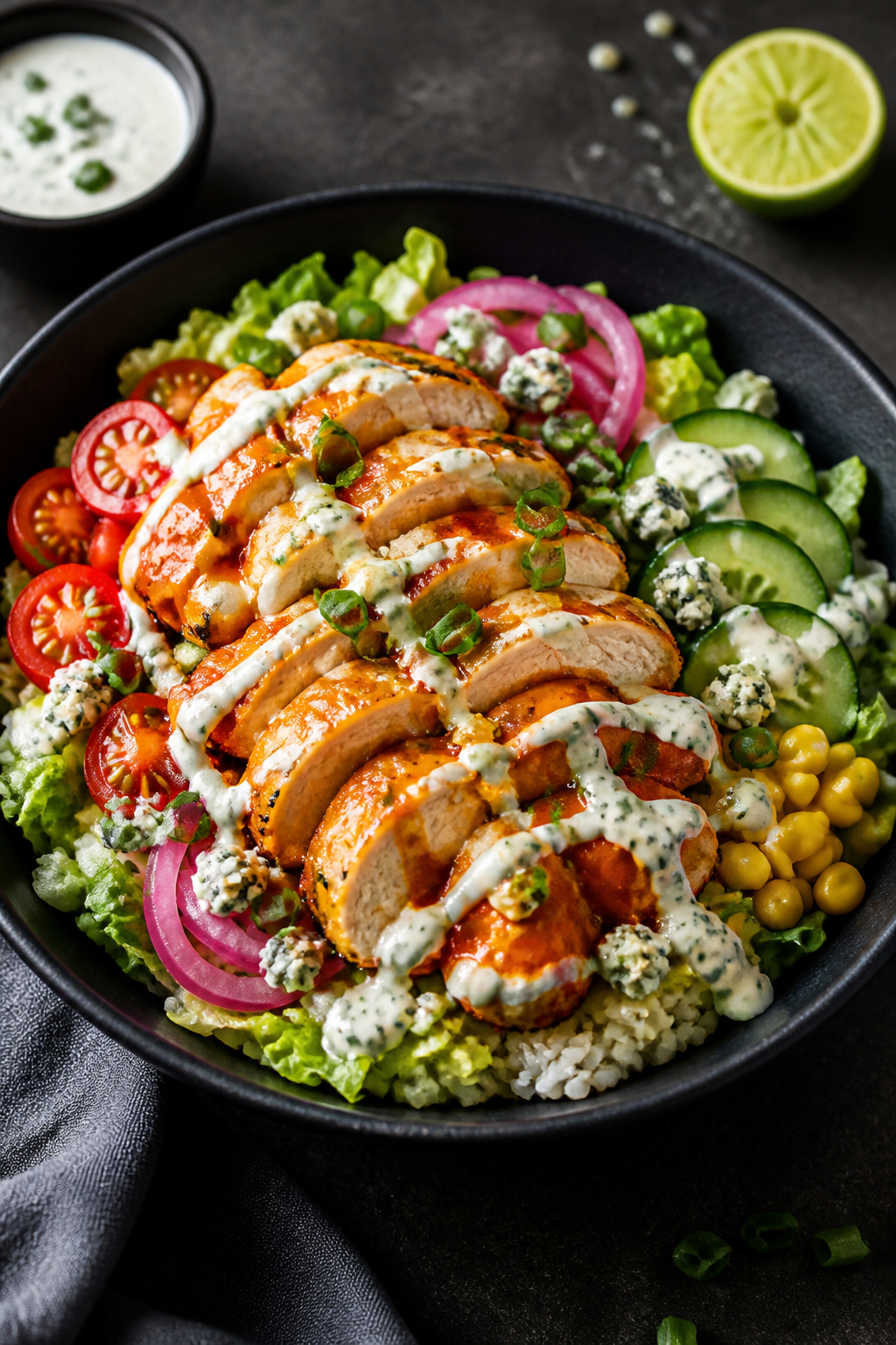 Final plated restaurant-style bowl: Beautifully plated Buffalo Ranch Chicken Bowl on a matte black s
