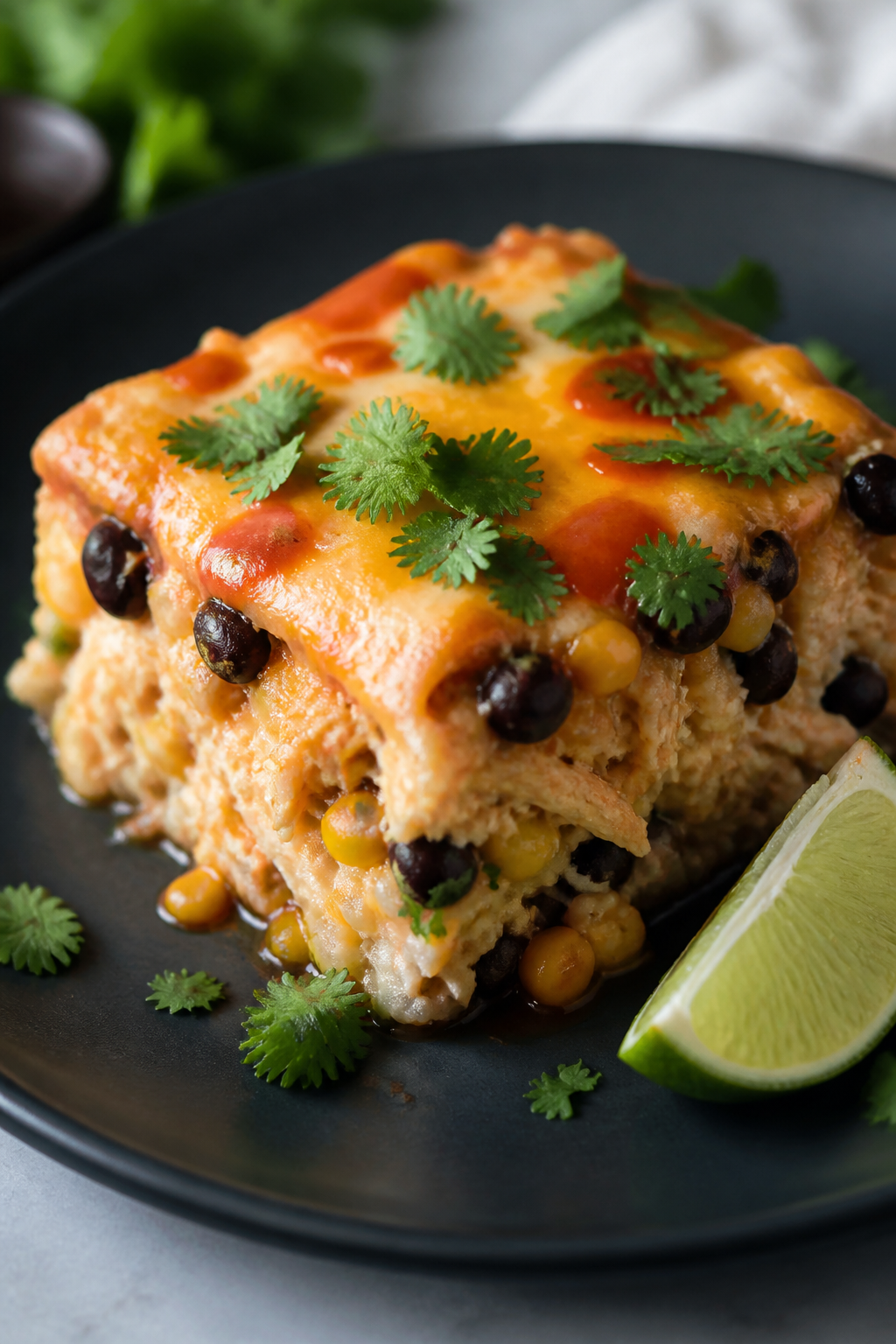 Final plated serving, close-up detail: a generous square of the casserole on a matte charcoal plate,