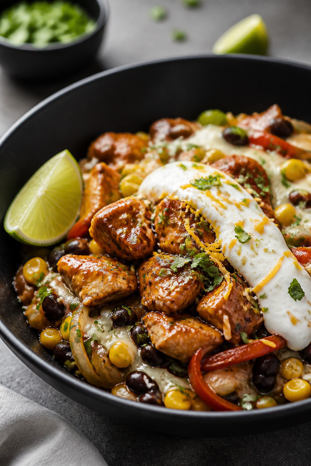 Final presentation, hero close-up: Restaurant-quality plated enchilada bowl in a matte black bowl, t