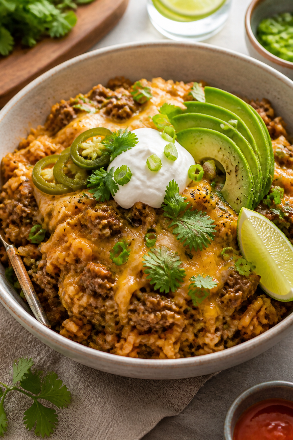 Final presentation: Restaurant-quality plated bowl of Ground Beef Taco Rice Casserole served family-