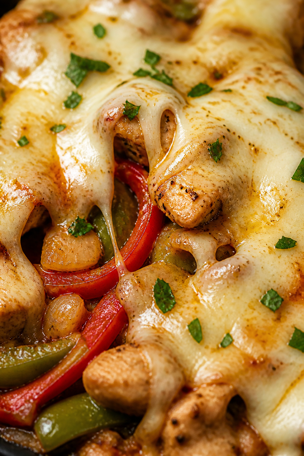 Gooey cheese melt detail: Extreme close-up of provolone slices just melted over the chicken-pepper-o