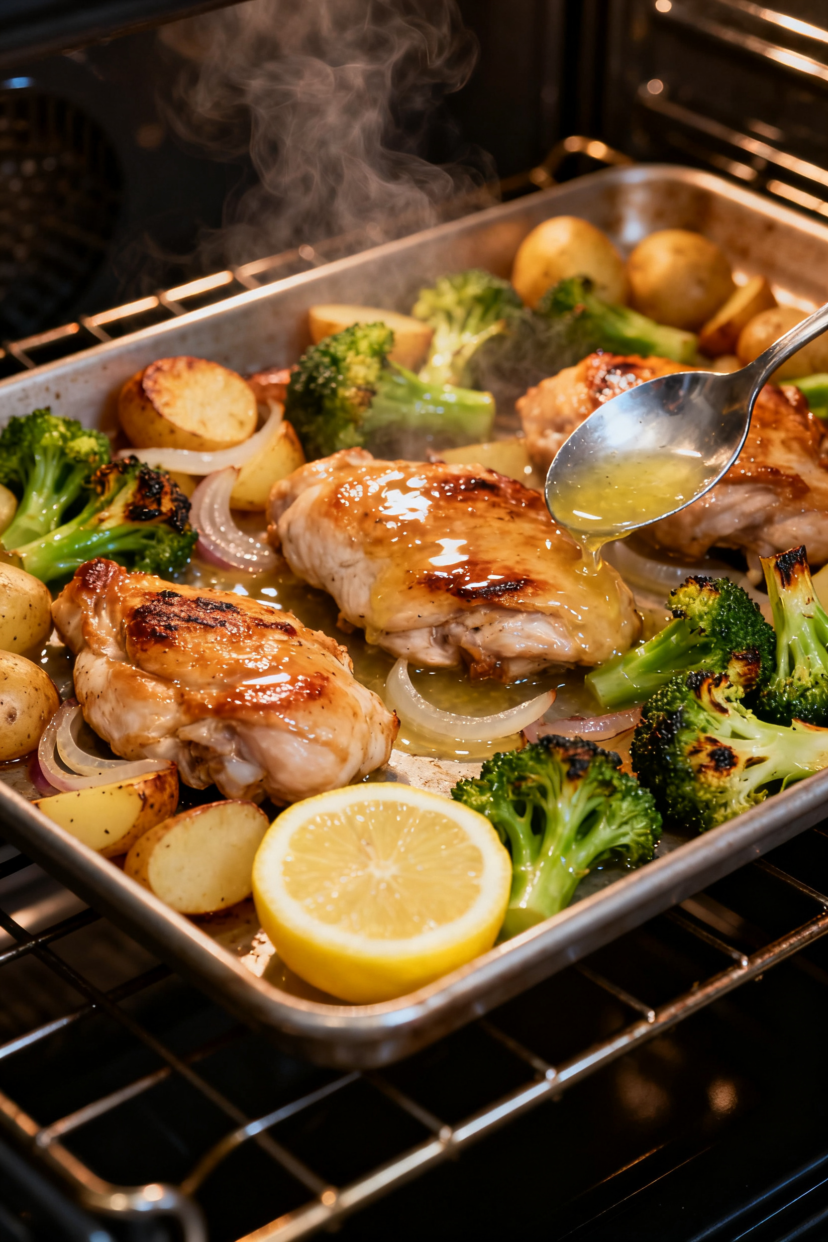 In-oven cooking process shot with the oven door open slightly: the sheet pan at the 20-minute mark b