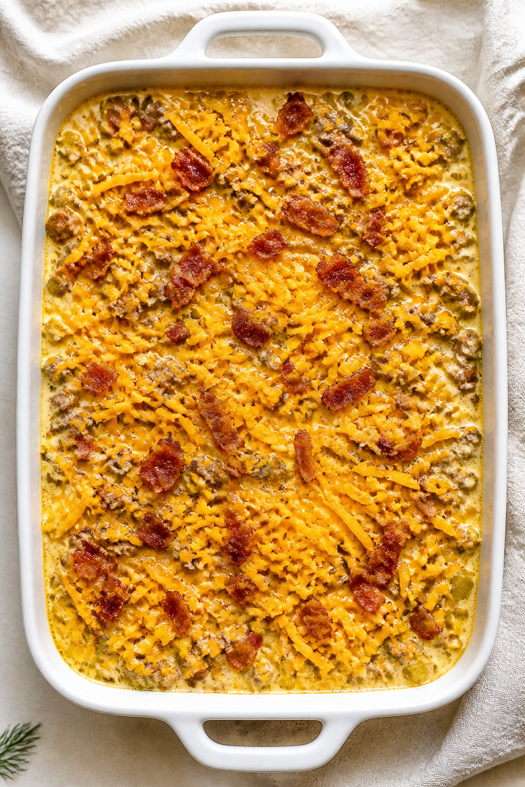 Overhead “assemble before bake” shot: 9x13-inch baking dish filled with the creamy beef-and-baco