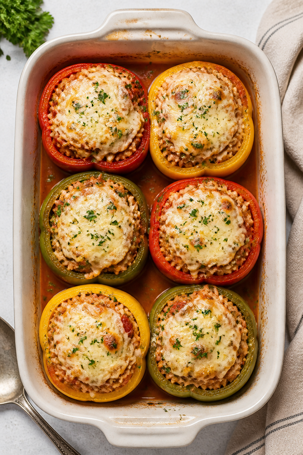 Overhead baking-dish shot: Six par-cooked, stuffed bell peppers (mix of red, yellow, and green) nest