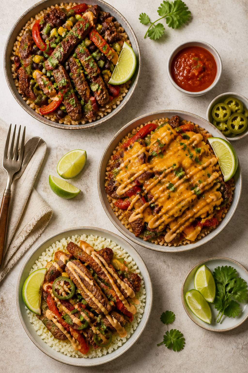 Overhead “build-your-own” spread, top view: Top-down shot of multiple assembled fajita rice bowl