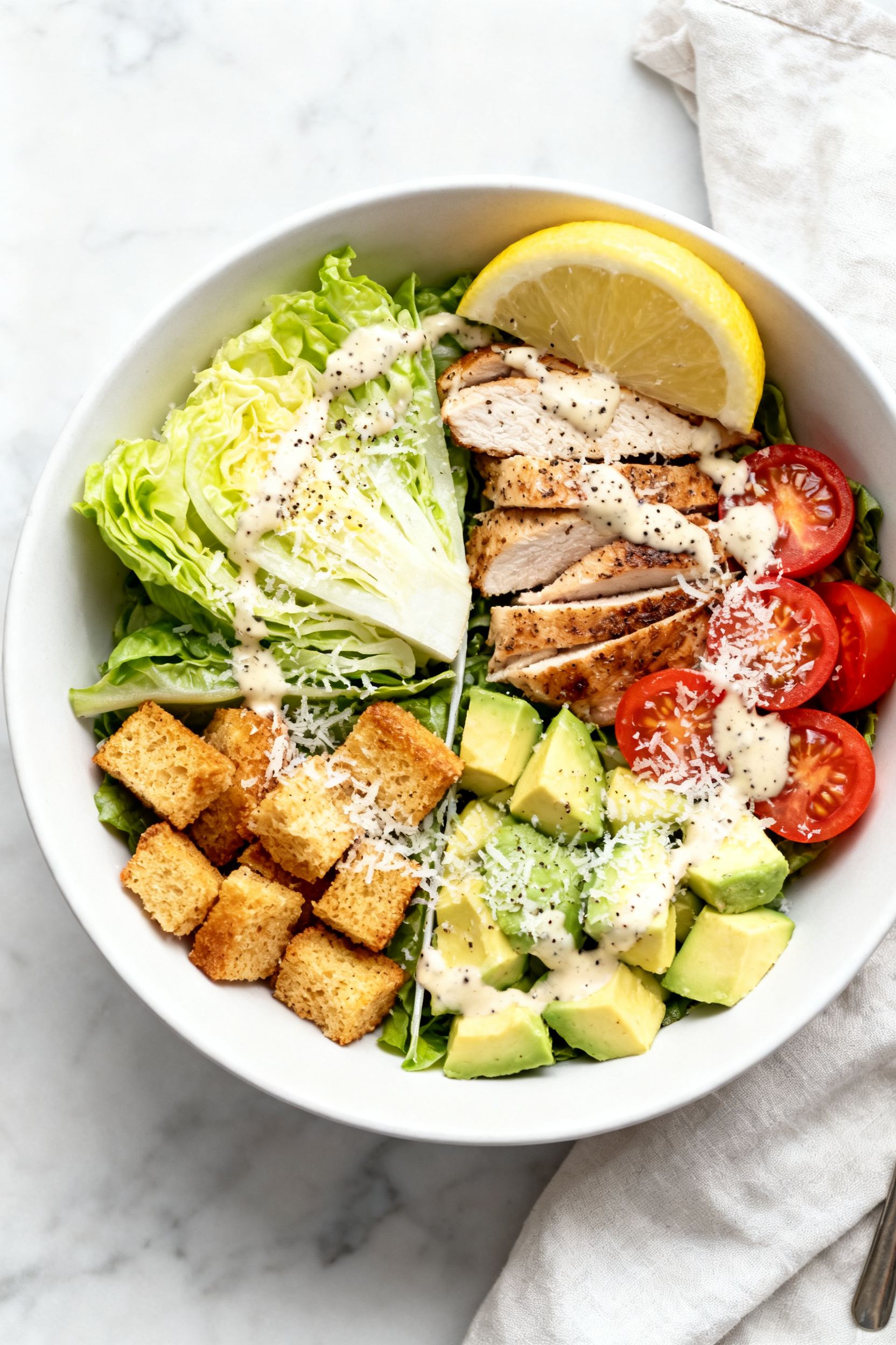Overhead final bowl: Tasty top-down shot of a High Protein Chicken Caesar Wrap Bowl neatly composed 
