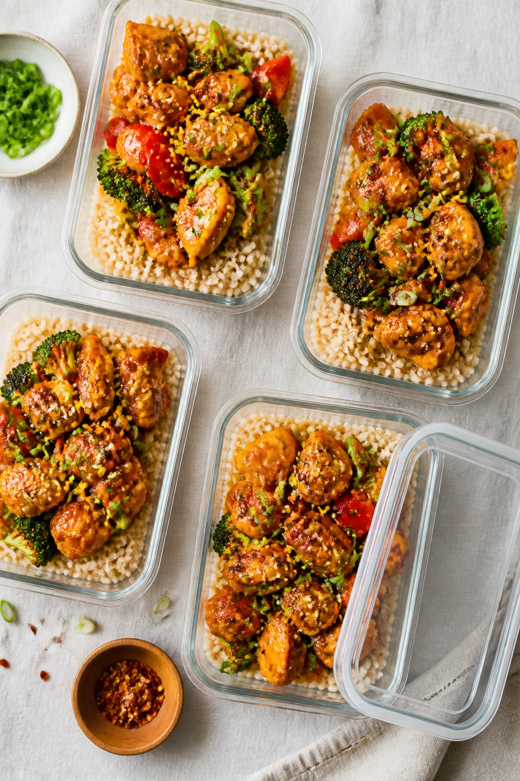 Overhead meal prep shot: of 4–5 neatly arranged glass meal prep containers, each with a bed of flu