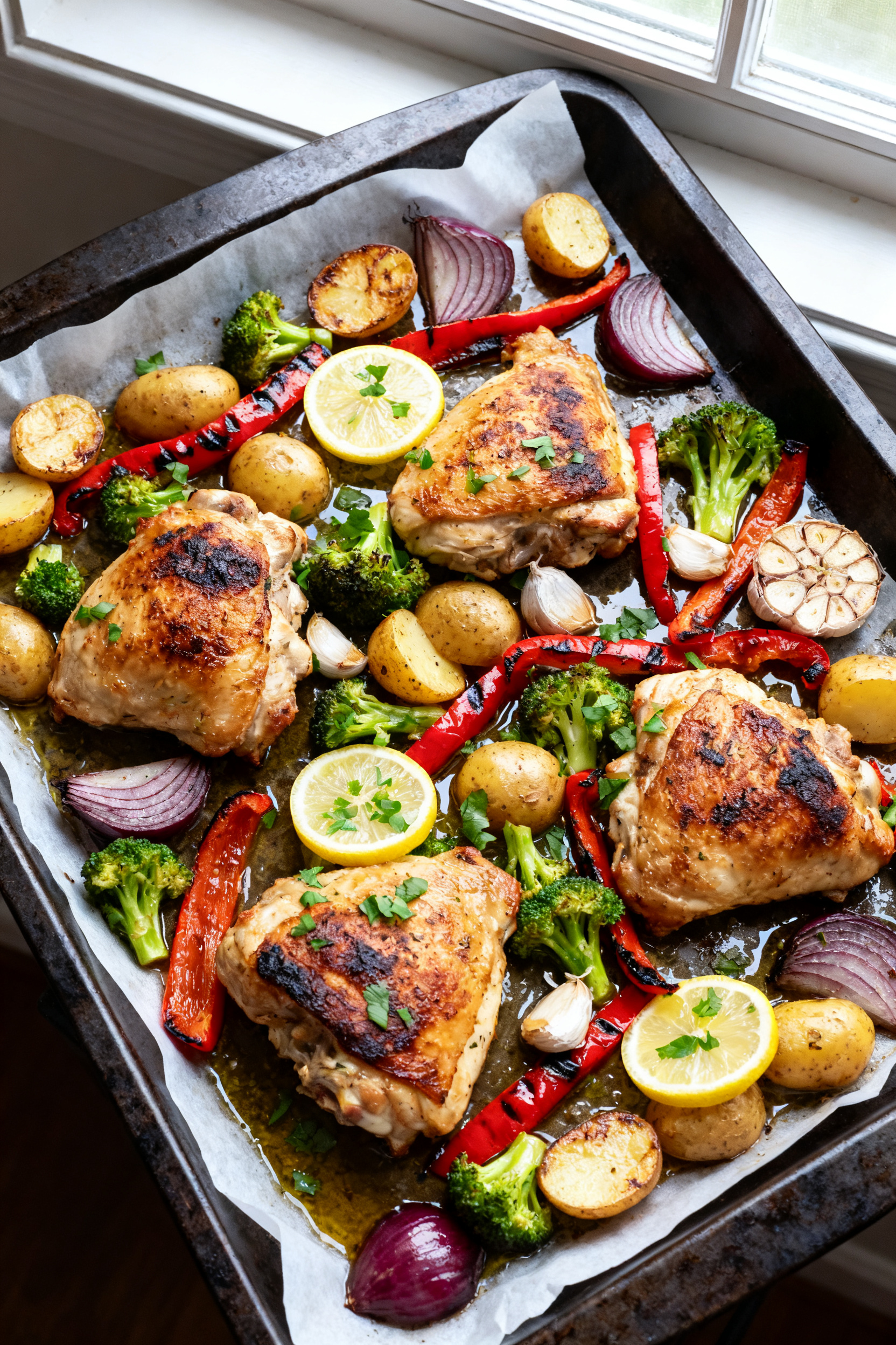Overhead shot of a just-roasted one-pan lemon herb chicken and veggies on a large dark sheet pan, ch