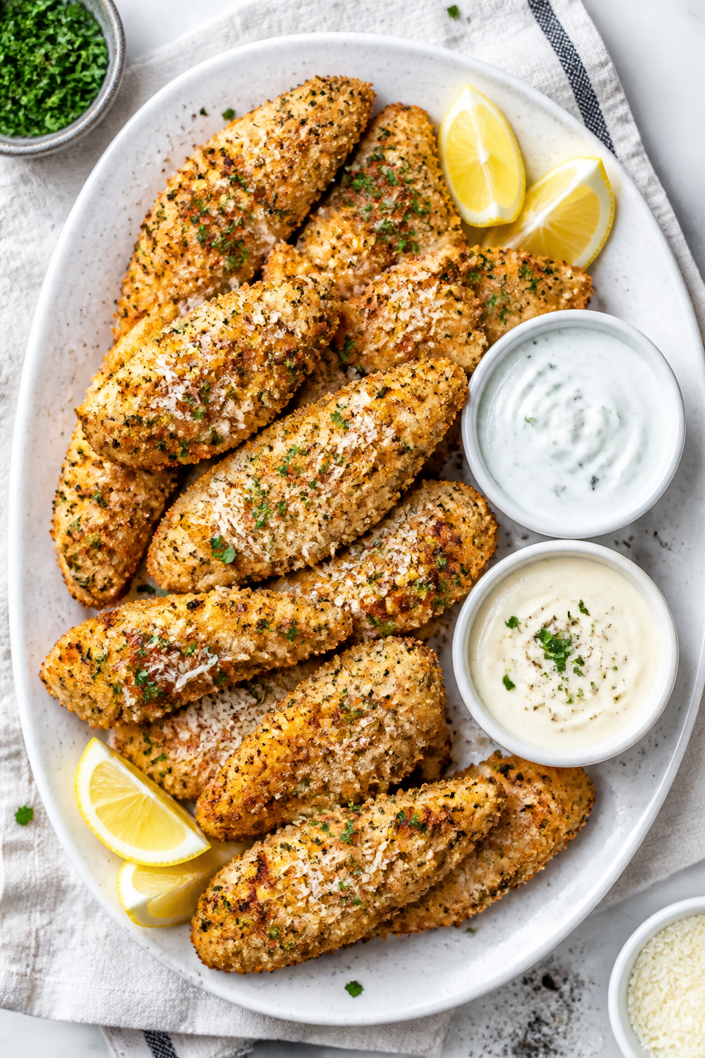 Overhead shot of a platter of finished garlic-Parmesan chicken tenders arranged in a single layer, s