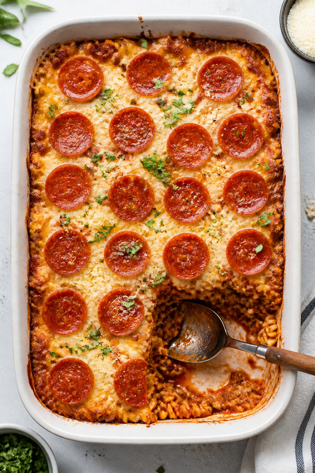Overhead “tasty top” shot of the assembled and baked ground beef pizza casserole in a 9x13 pan: 