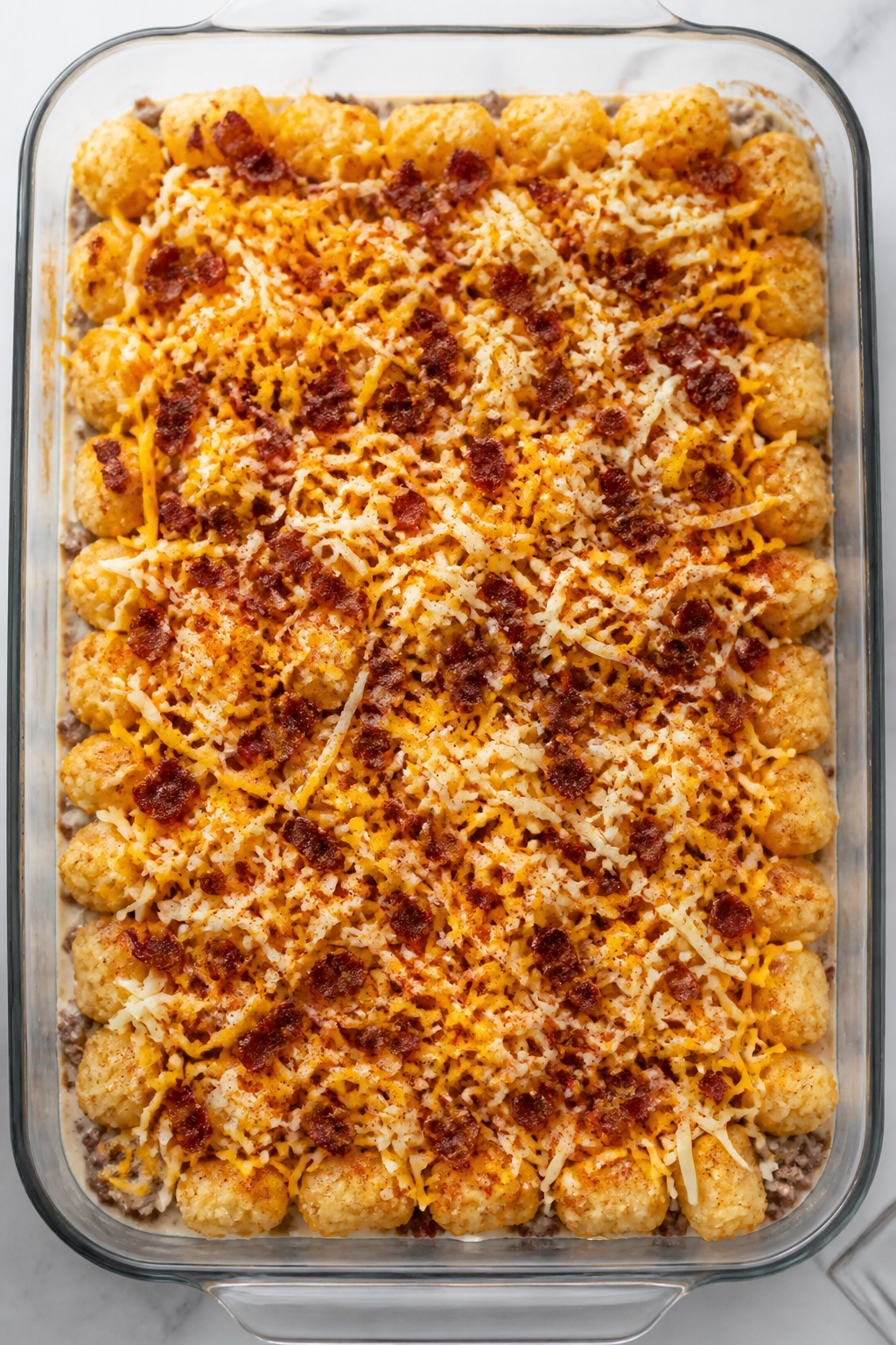 Overhead “tasty top view” before baking: Assembled Ground Beef Crack Casserole in a 9x13 baking 
