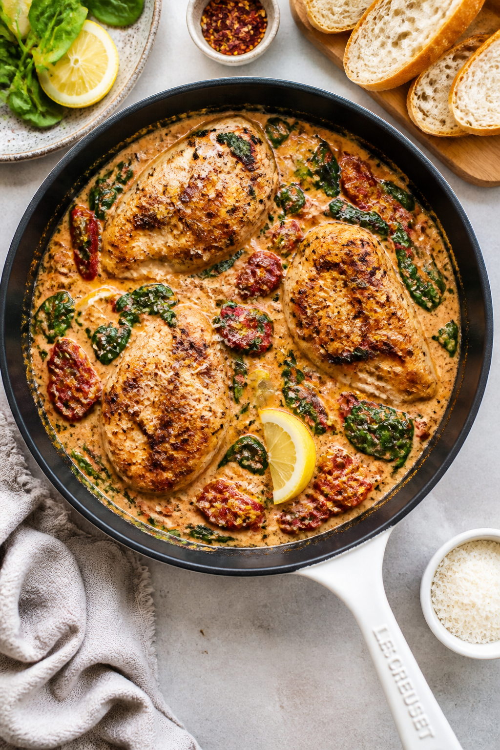 Overhead “tasty top view” family-style: Top-down shot of the entire skillet at the table, chicke