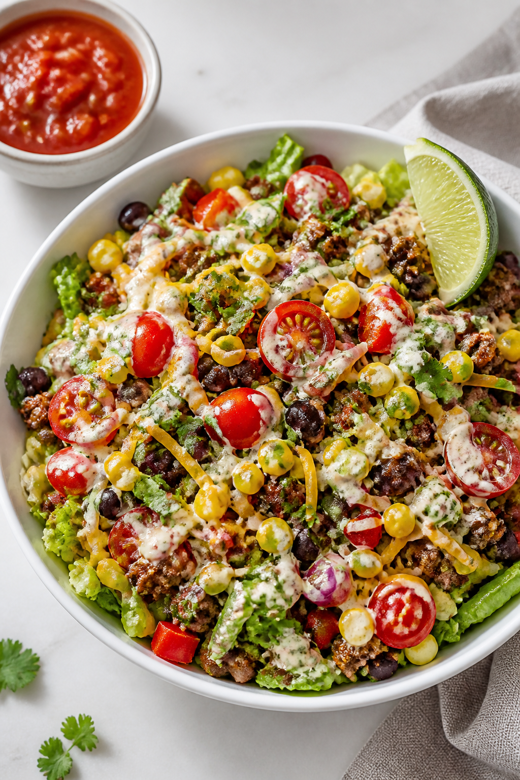 Overhead “tasty top view” of a deconstructed taco salad jar poured into a wide white bowl: vibra