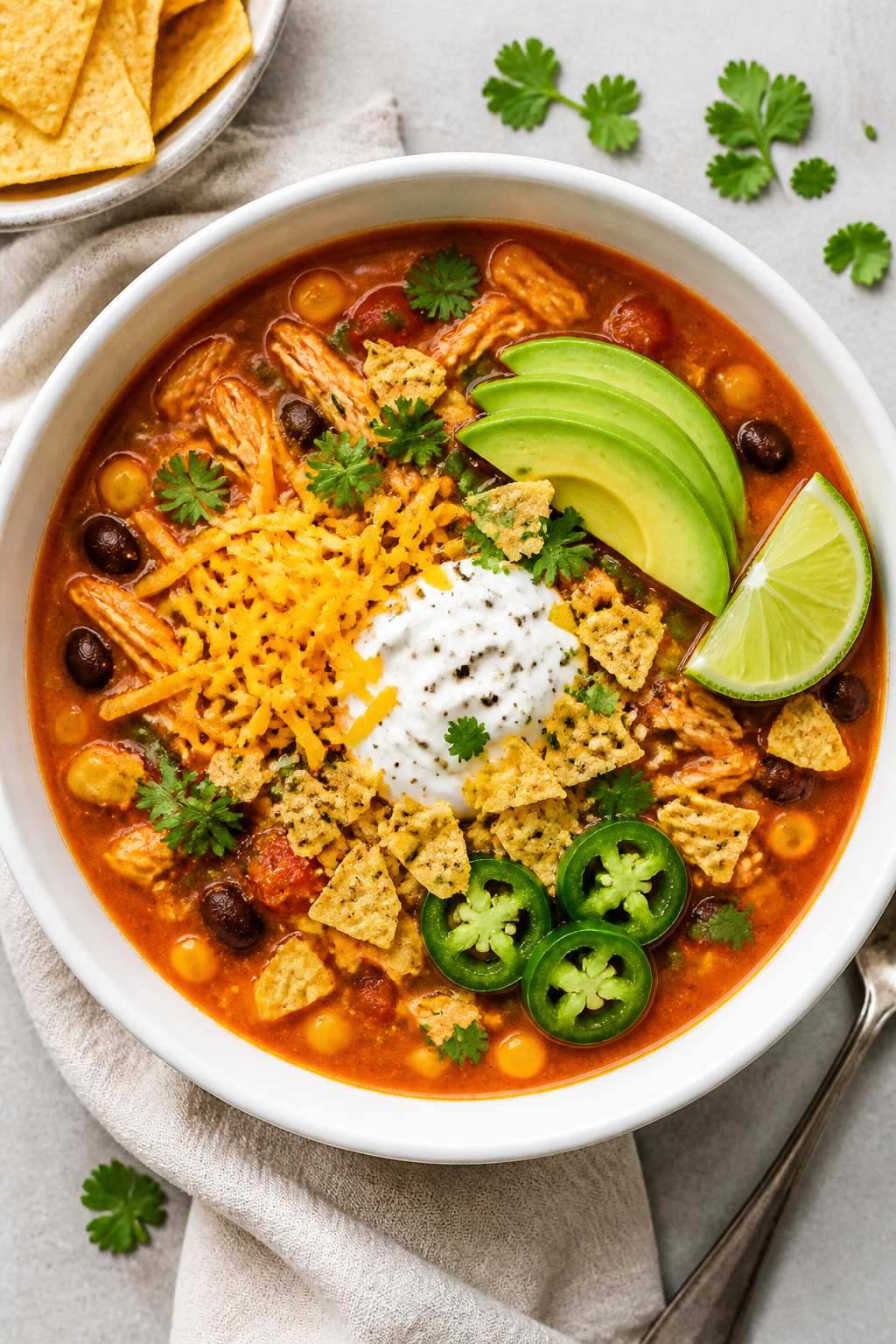 Overhead “tasty top view” of a finished bowl of High Protein Chicken Taco Soup: vibrant red-oran