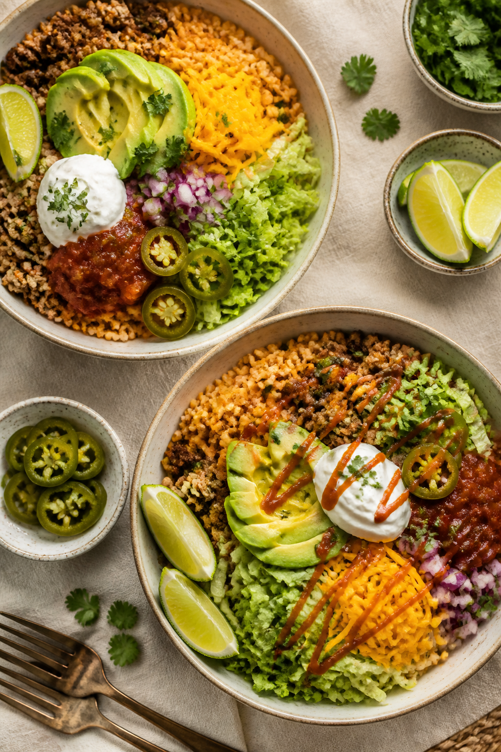 Overhead “tasty top view” of build-your-own bowls: Top-down shot of Mexican cauliflower rice and
