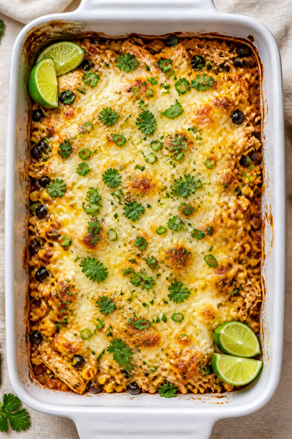 Overhead “tasty top view” of the baked High Protein Chicken Burrito Casserole just out of the ov