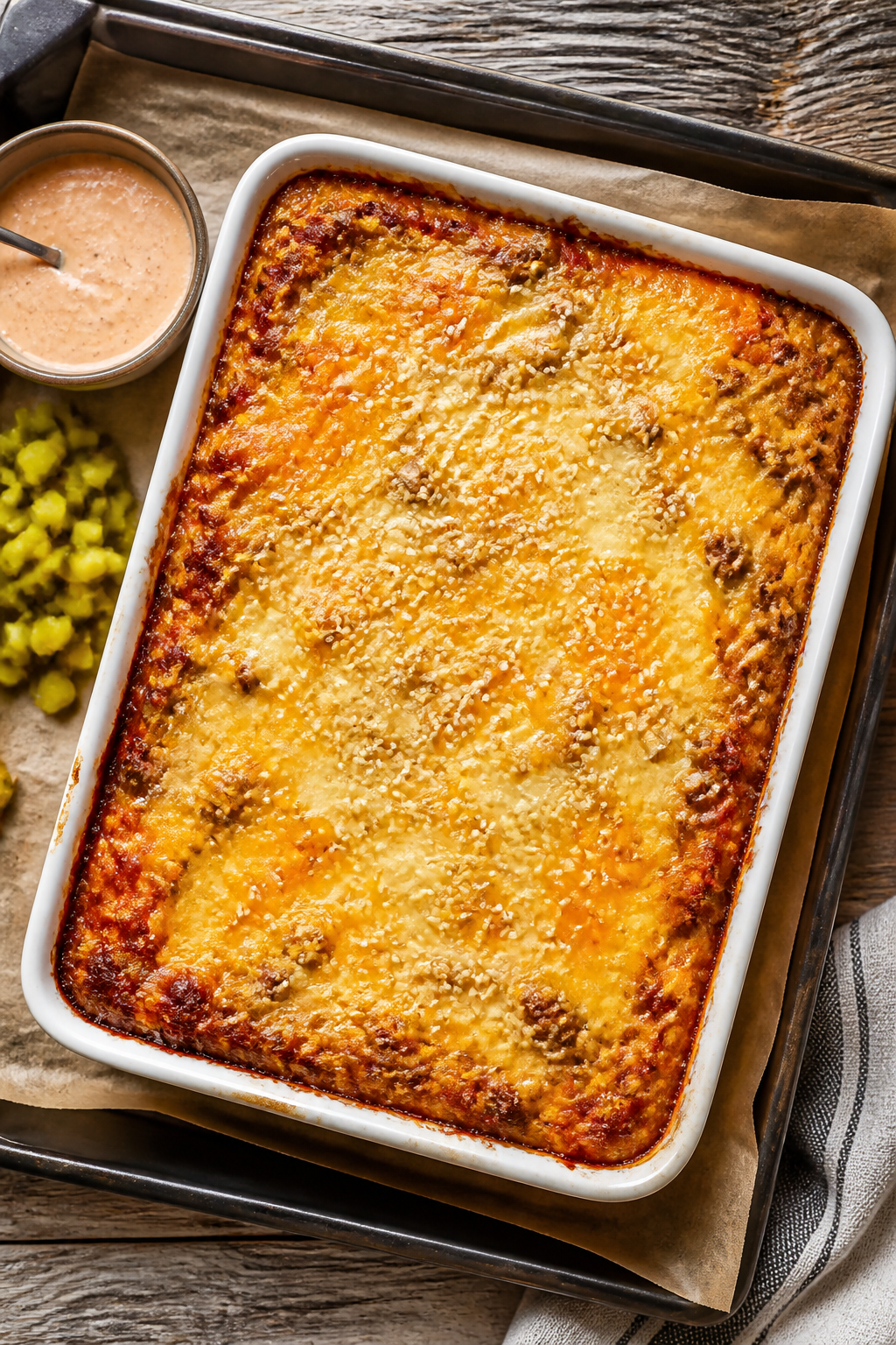 Overhead “tasty top view” of the baked Low Carb Big Mac Casserole just out of the oven: golden, 
