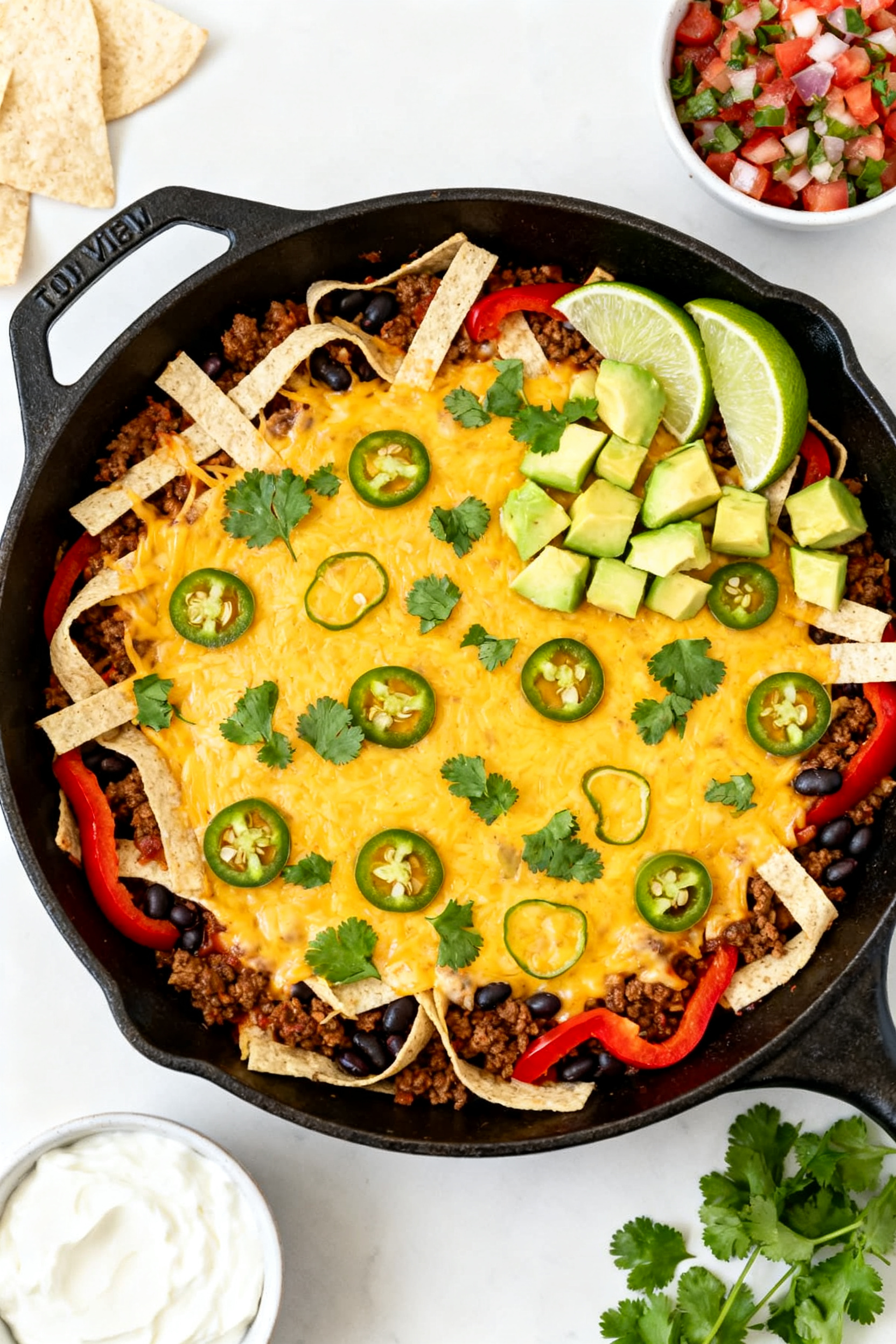 Overhead “tasty top view” of the finished High Protein Beef Enchilada Skillet served family-styl