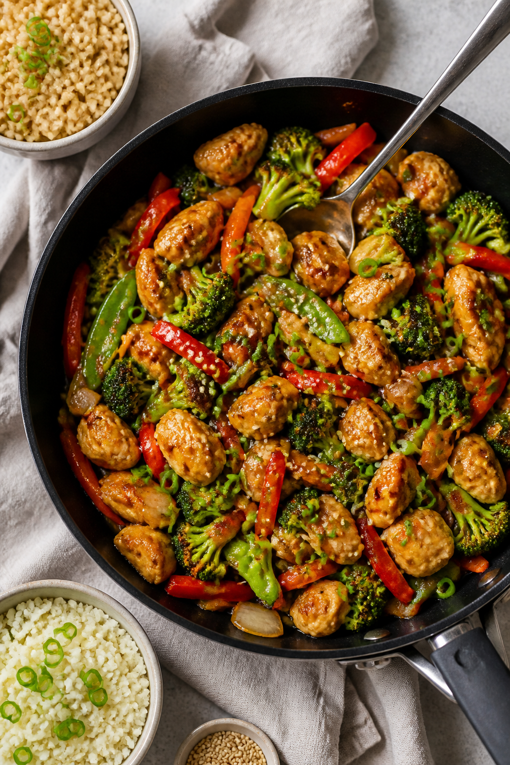 Overhead “tasty top view” of the finished High Protein Chicken Stir Fry served family-style in a