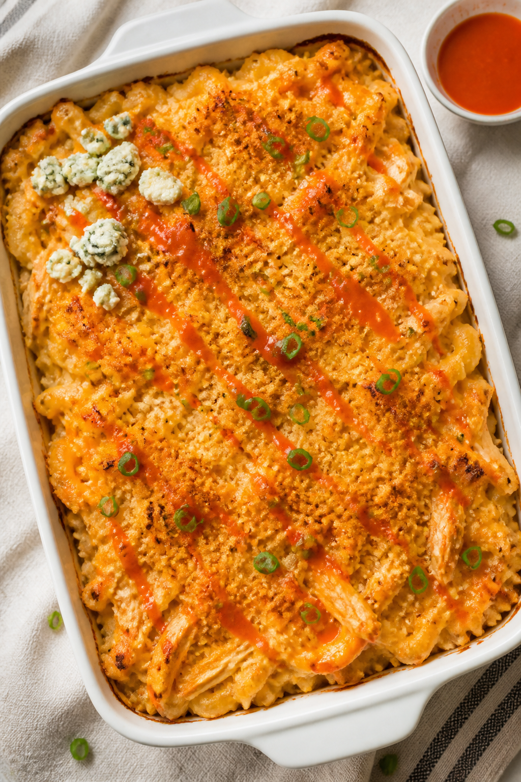 Overhead tasty top view: The assembled Buffalo Chicken Mac & Cheese Protein Bake just out of the ove