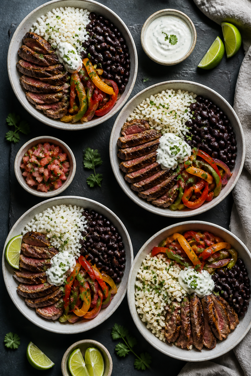 Tasty overhead meal-prep scene: Top-down shot of multiple assembled steak fajita bowls for meal prep