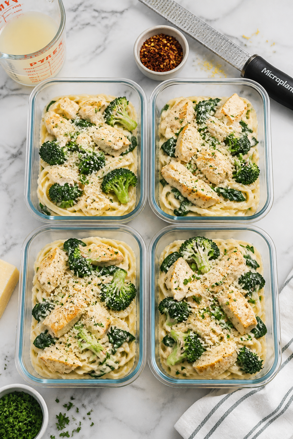 Tasty overhead meal-prep view: Top-down shot of four glass meal prep containers neatly filled with C