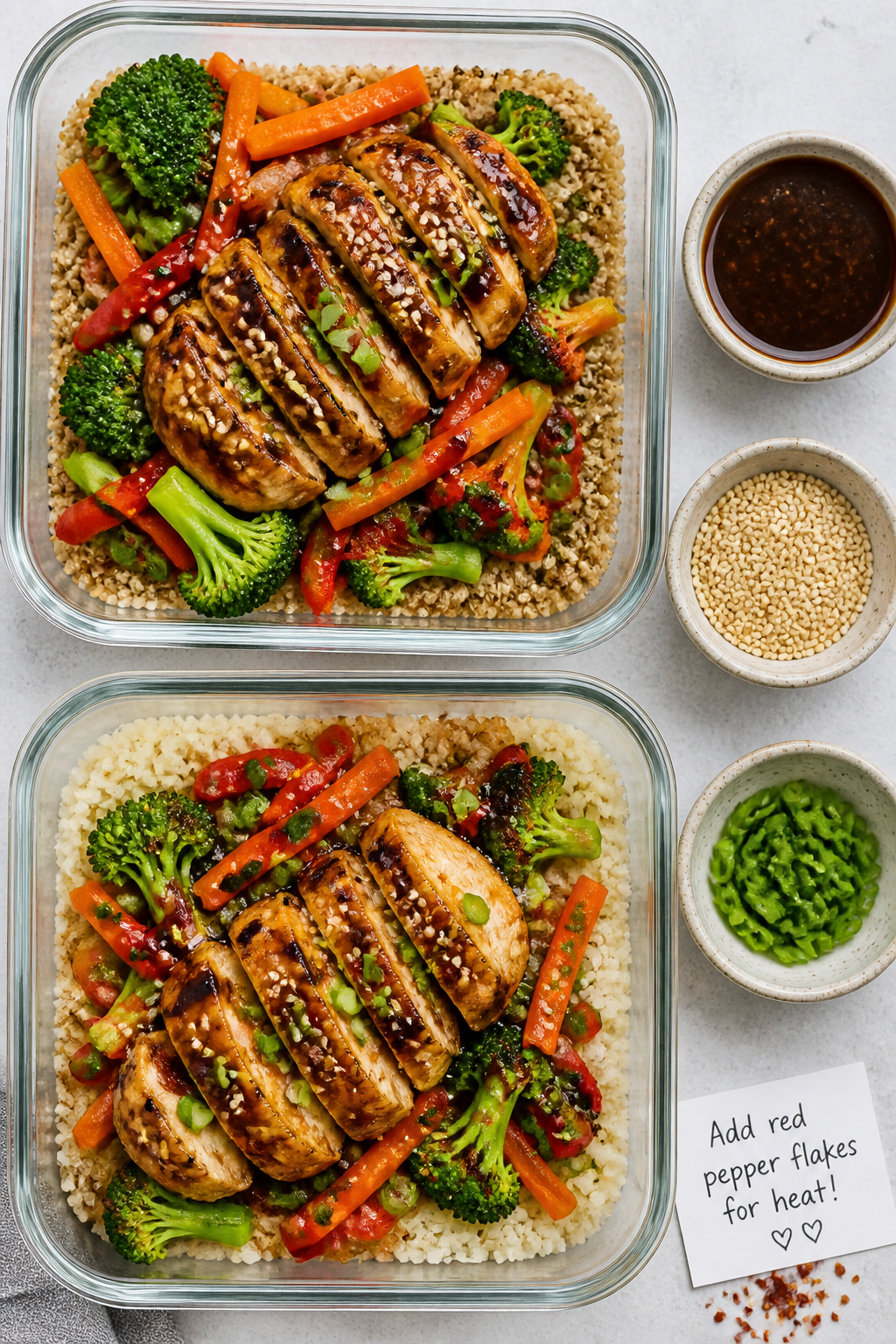 Tasty top-down meal prep/serving scene: Overhead shot of Chicken Teriyaki Stir Fry divided into neat