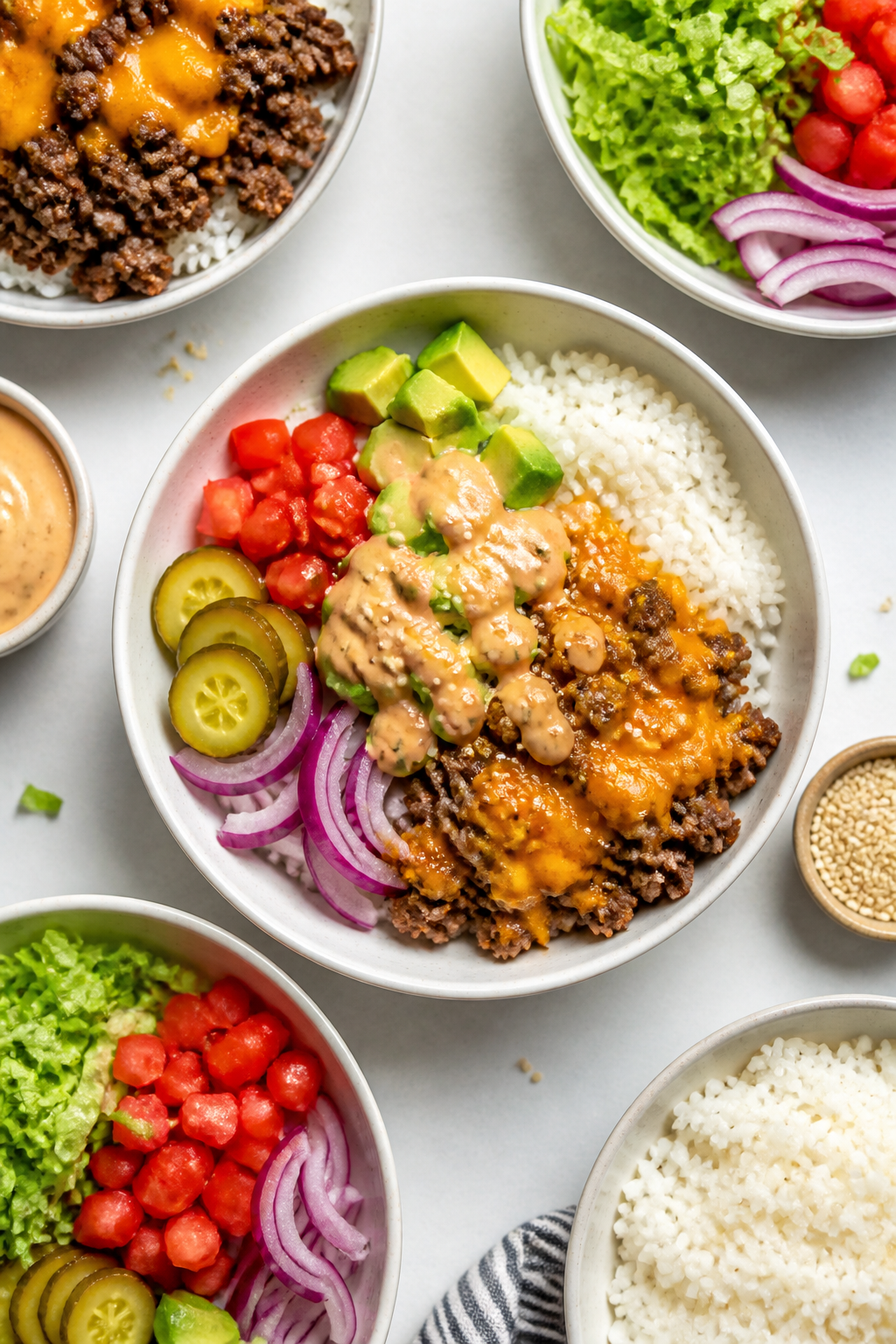 Tasty top-down meal prep spread: Overhead shot of multiple build-your-own cheeseburger bowls on a li