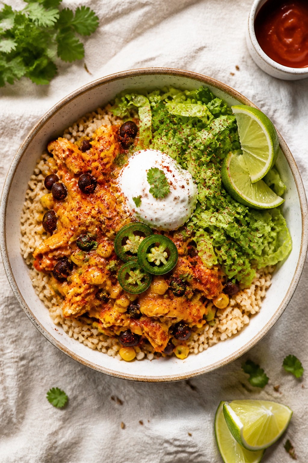 Tasty top view, assembled bowl: Overhead shot of a High Protein Chicken Enchilada Bowl—bed of fluf