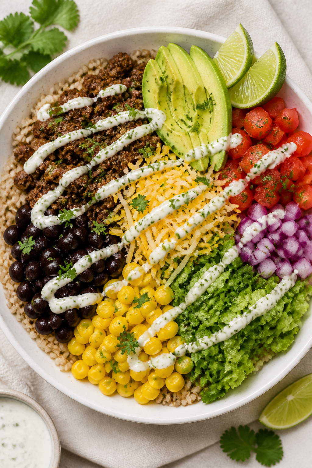 Tasty top view, assembled bowl: Overhead shot of a High Protein Ground Beef Taco Bowl arranged in di