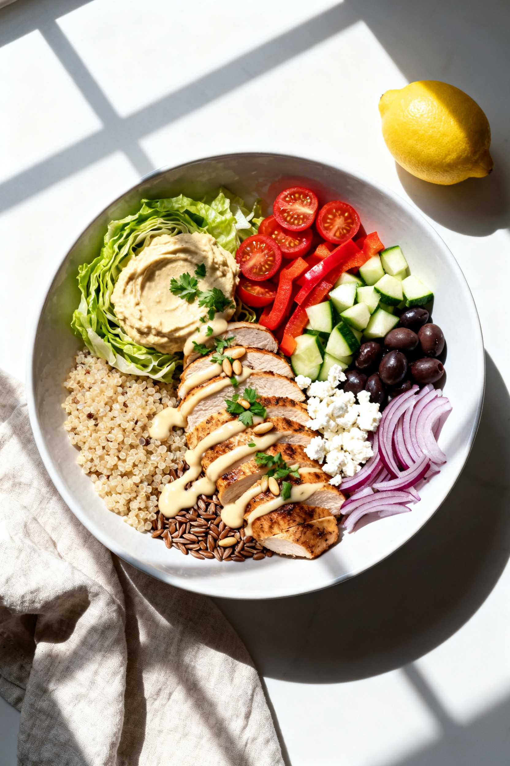 Tasty top view, assembly moment: Overhead shot of Mediterranean Chicken Power Bowl mid-assembly on a