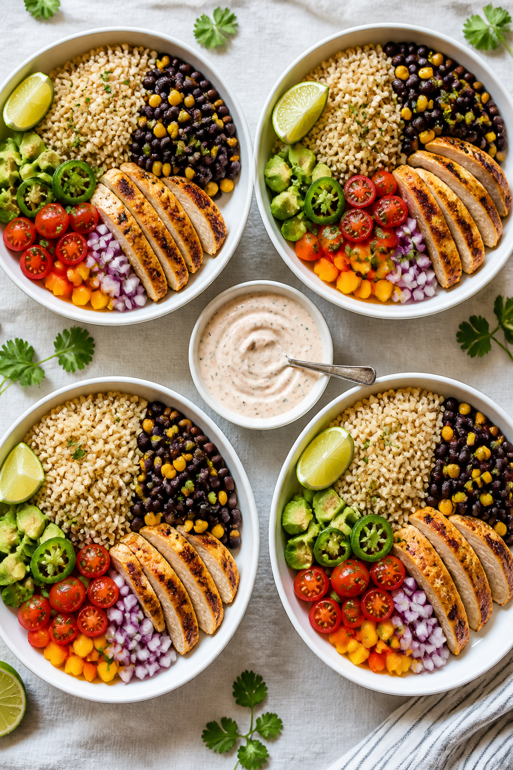 Tasty top view – Assembly of burrito bowls: Overhead shot of meal-prep style chicken burrito bowls