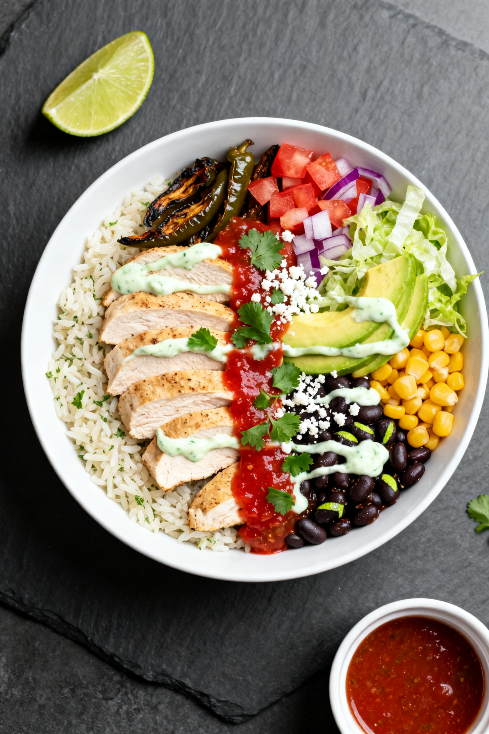 Tasty top view assembly: Overhead shot of a high-protein chicken burrito bowl mid-build—fluffy cil