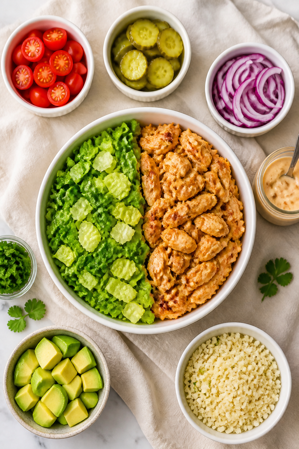 Tasty top view (assembly stage): Overhead shot of a build-your-own bowl layout—large white bowl ha