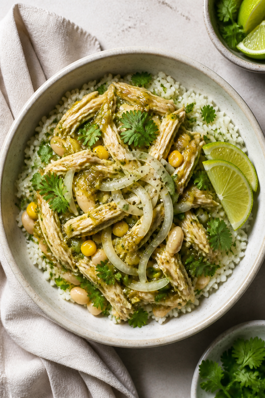 Tasty top view, bowl presentation: Overhead shot of Salsa Verde Chicken bowl over cilantro-lime rice