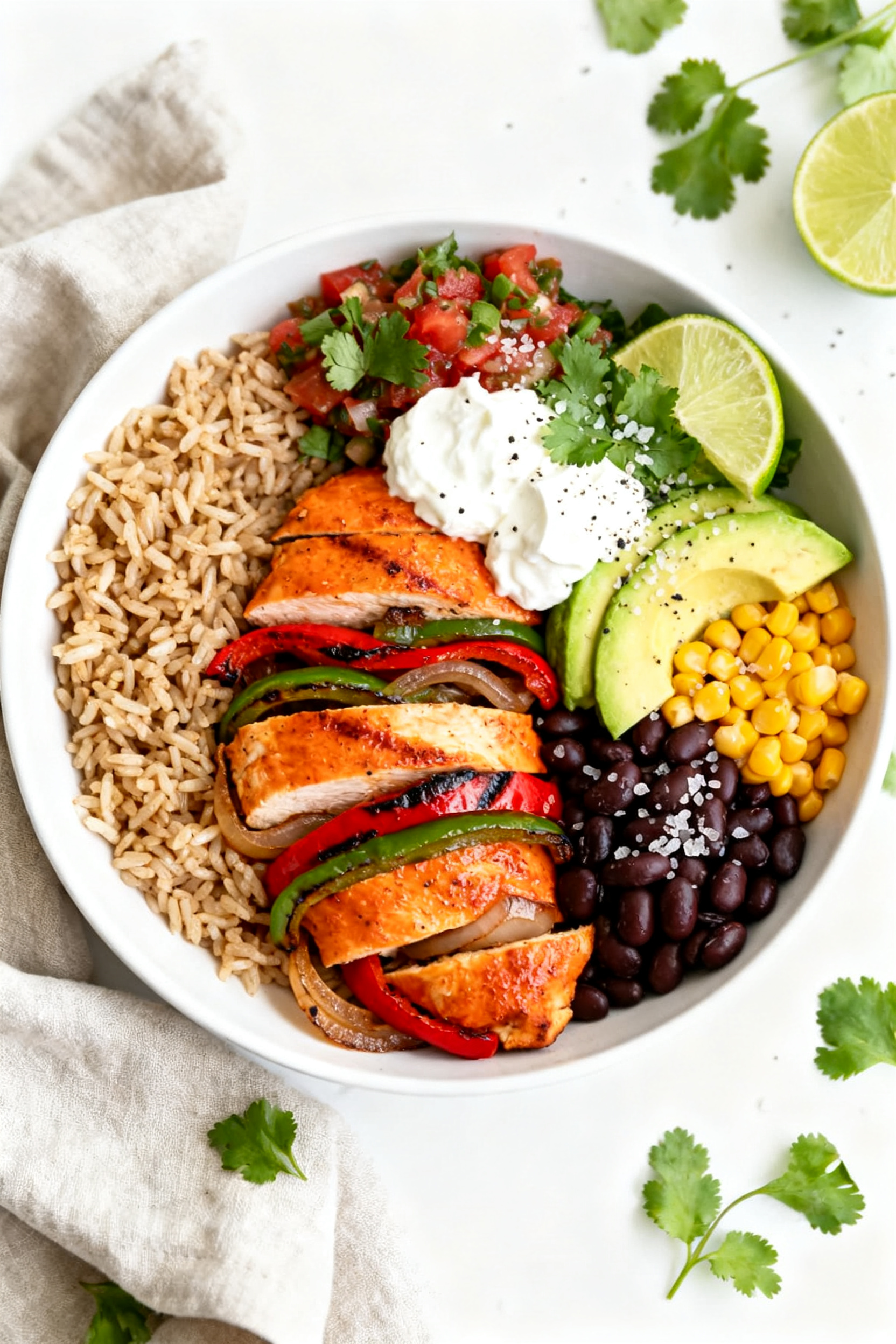 Tasty top view, build-a-bowl: Overhead shot of a Healthy Chicken Fajita Bowl artfully arranged in a 