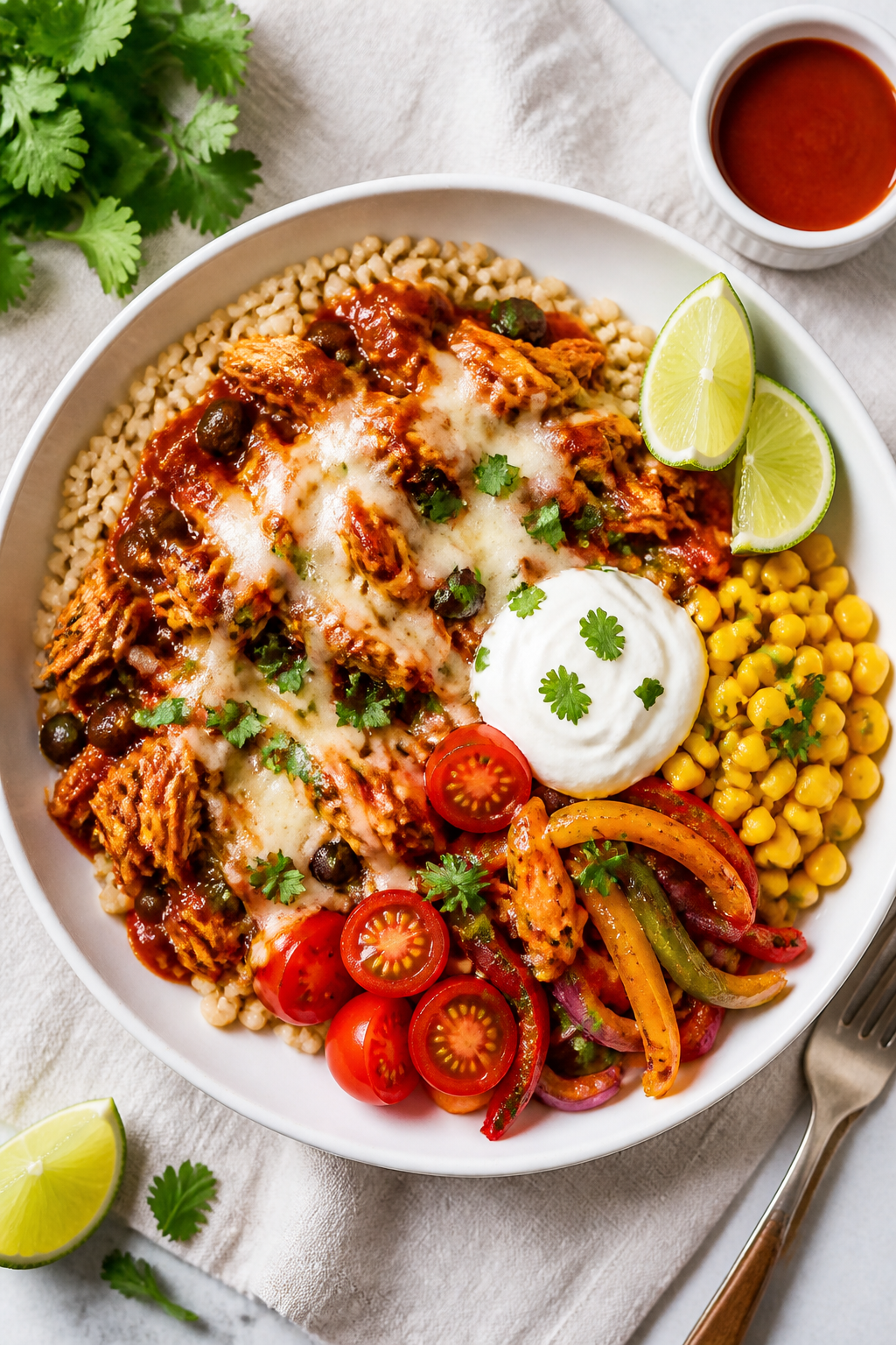 Tasty top view — Build-the-bowl moment: Overhead shot of a high-protein chicken enchilada bowl arr
