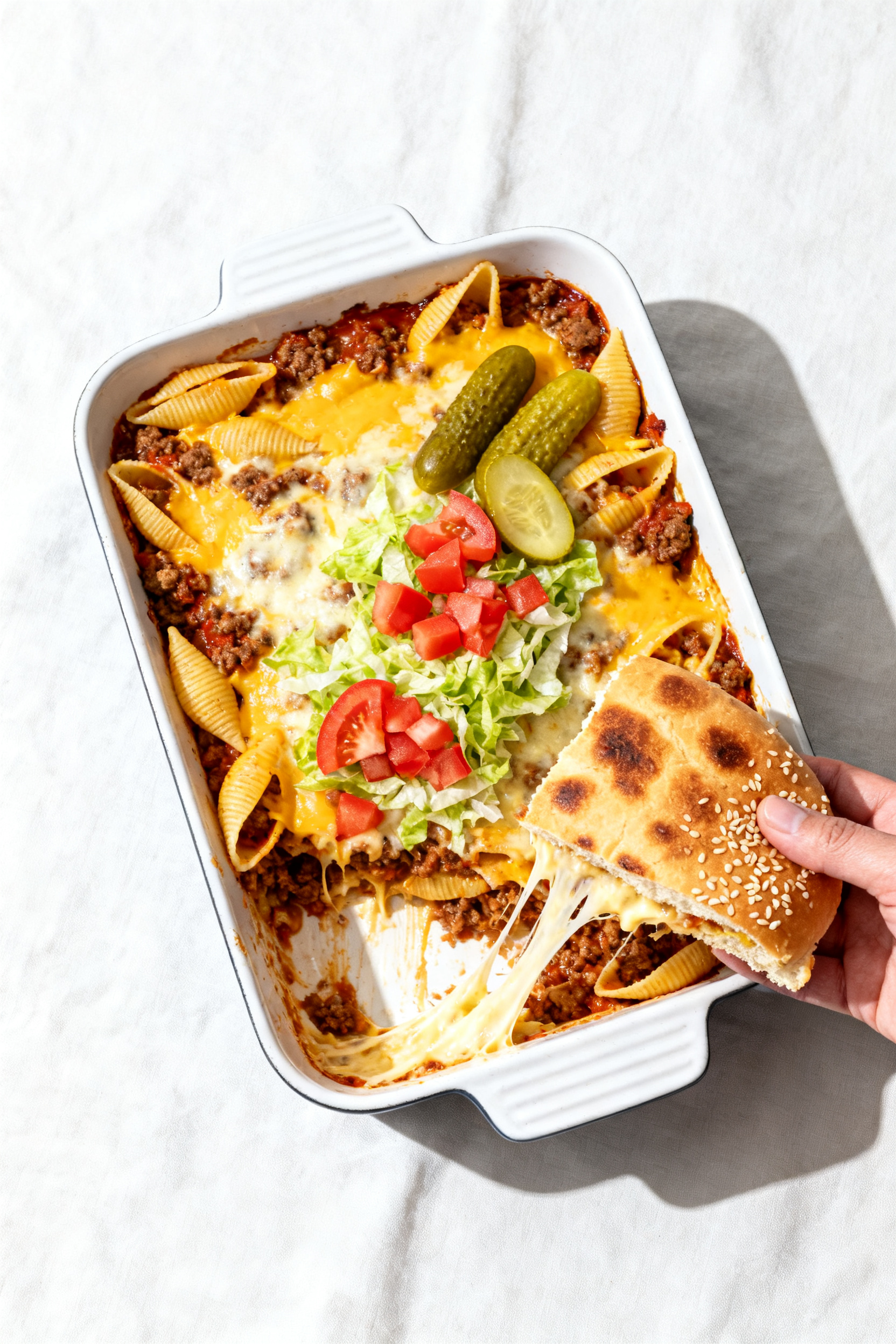 Tasty top view, casserole just baked: Overhead shot of Healthy Cheeseburger Casserole in a 9x13 baki