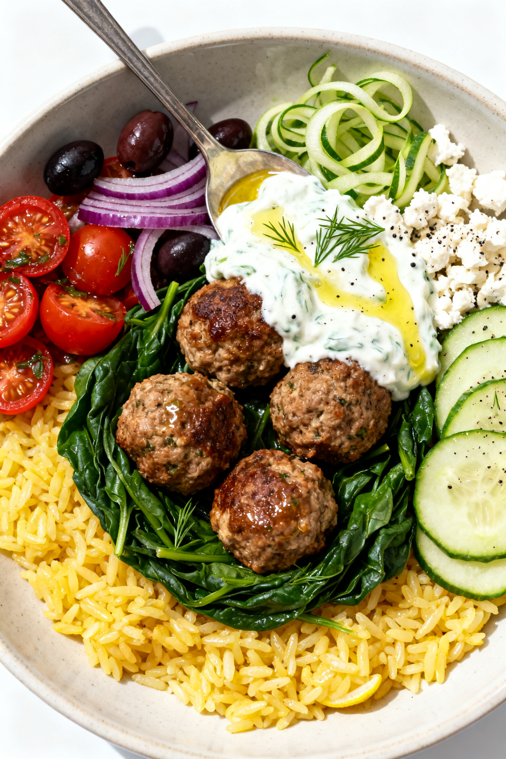 Tasty top view (final bowl): Overhead shot of a fully assembled Greek Turkey Meatball Dinner Bowl—