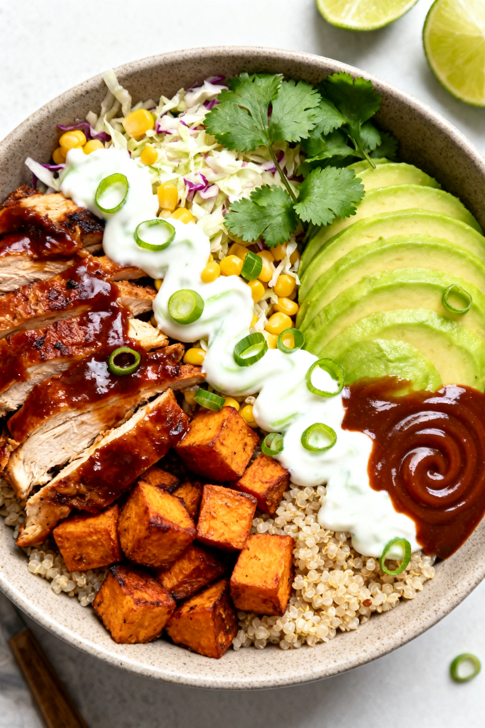 Tasty top view final bowl: Overhead shot of a Healthy BBQ Chicken Sweet Potato Bowl assembled on a m