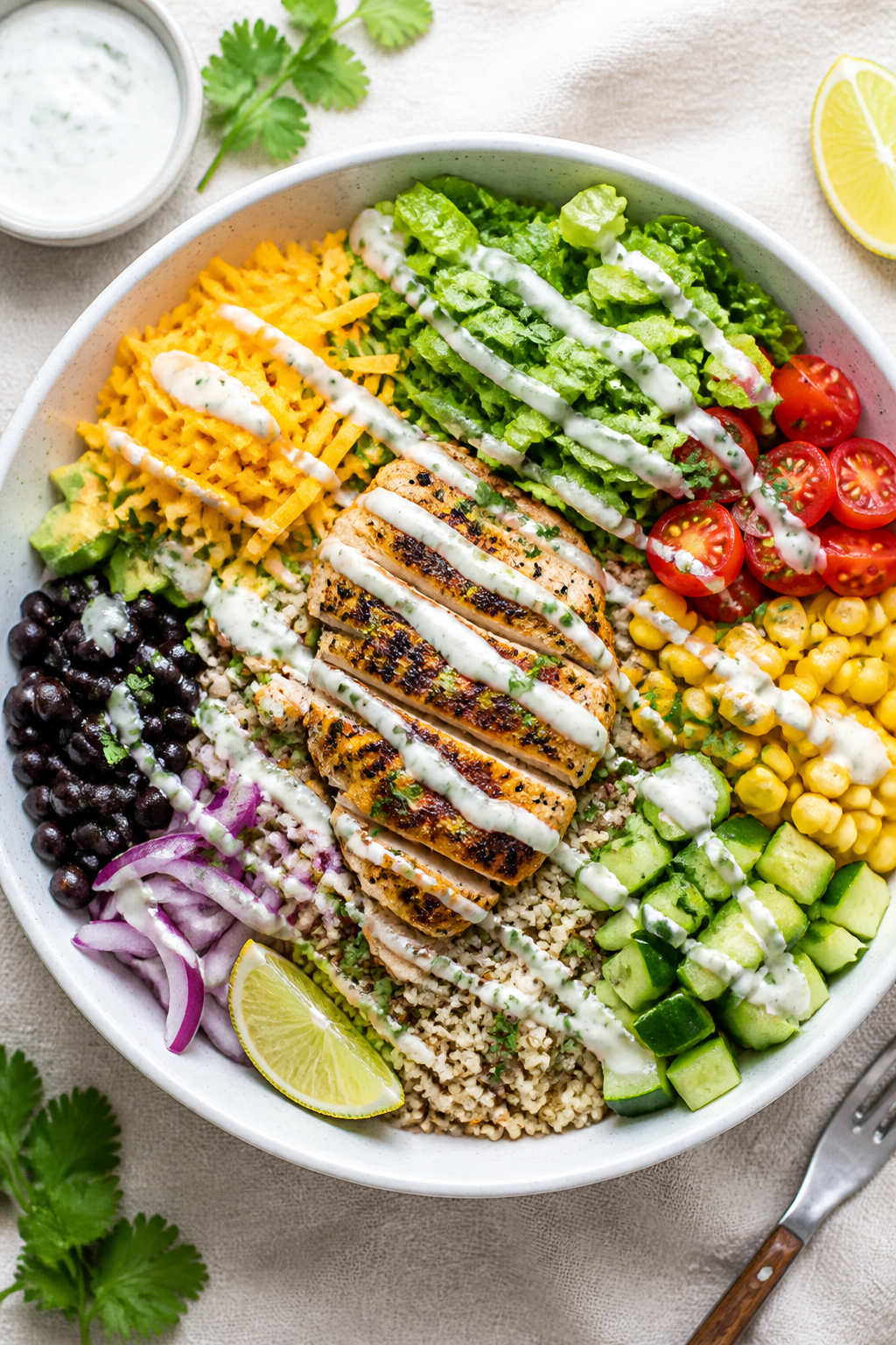 Tasty top view final bowl: Overhead shot of a Protein Packed Ranch Chicken Bowl assembled over fluff