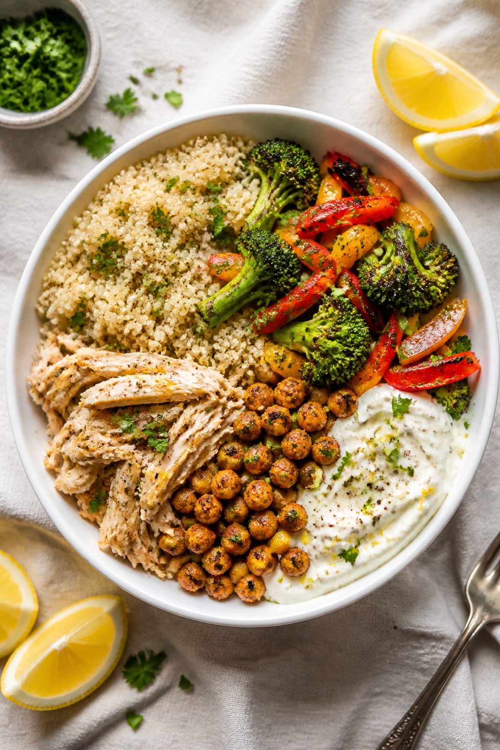 Tasty top view final dish: Overhead shot of assembled high-protein meal prep bowl—fluffy quinoa ba