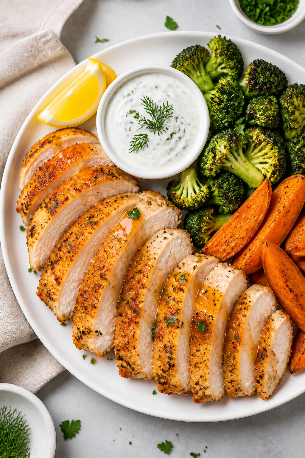 Tasty top view final dish: Overhead shot of sliced crispy ranch chicken breast fanned on a matte whi