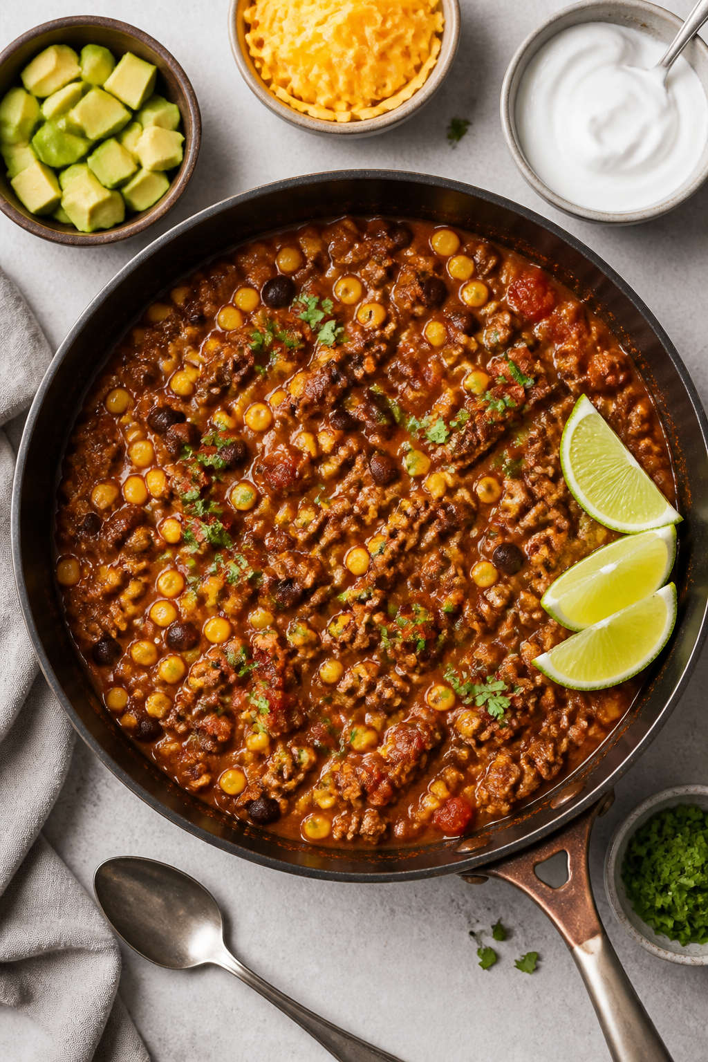 Tasty top view — Final Mexican beef skillet, saucy and thick: Overhead shot of the finished one-pa