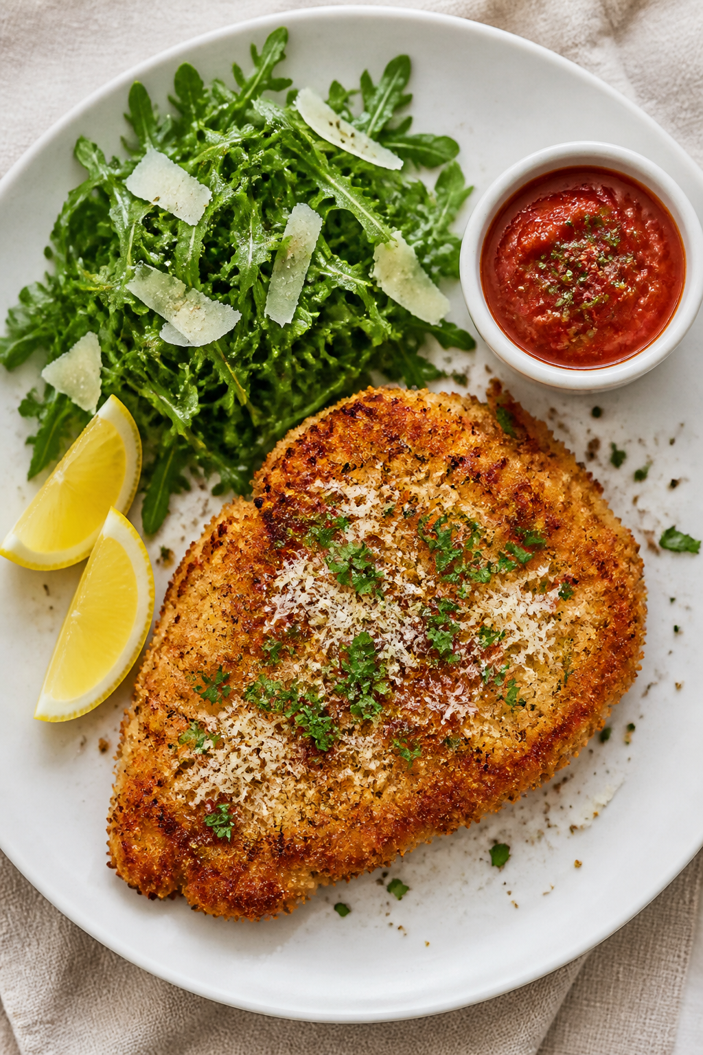 Tasty top view final plate: Overhead shot of a beautifully plated Crispy Parmesan Crusted Chicken cu