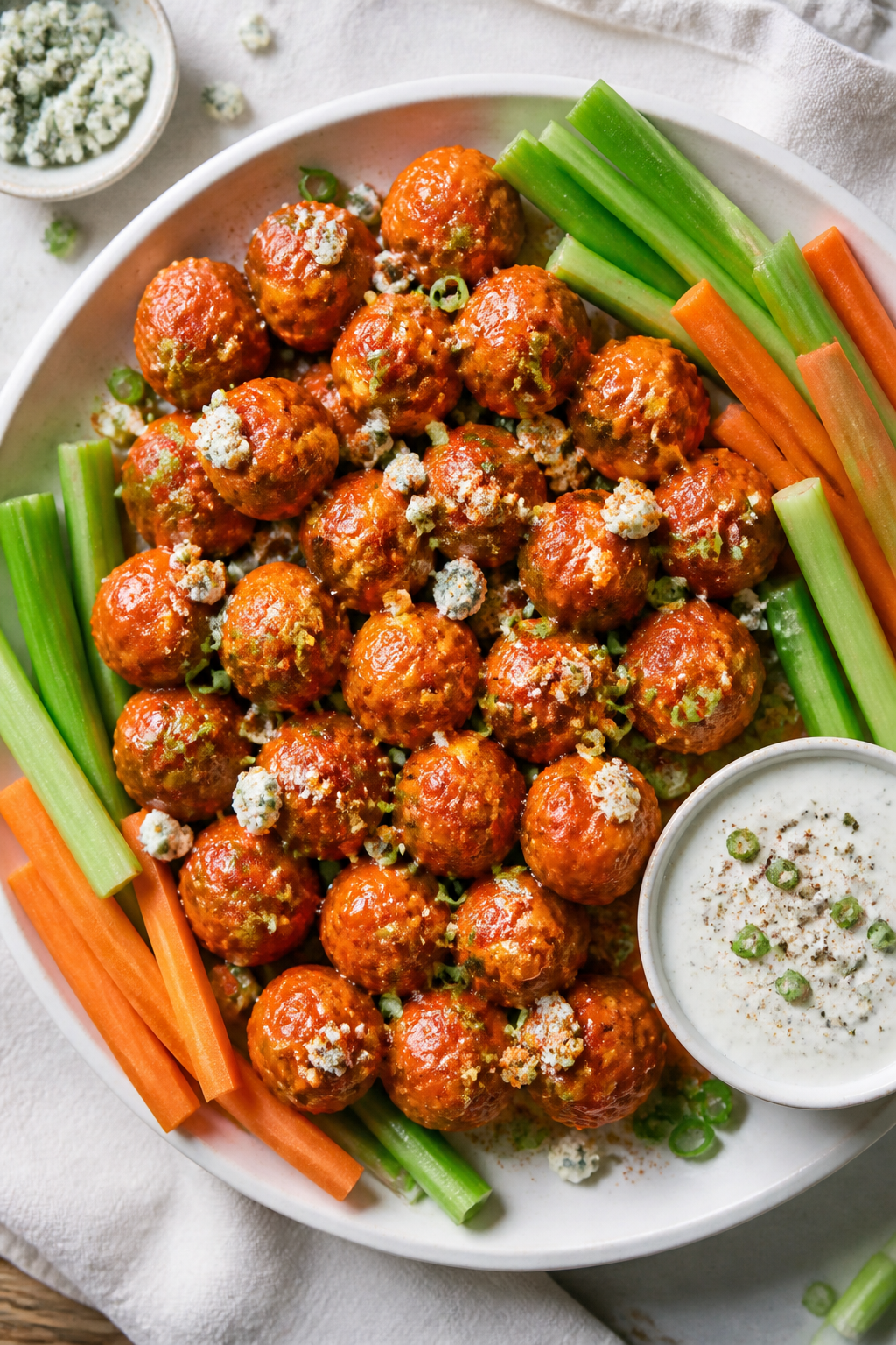 Tasty top view, final presentation: Overhead shot of a party-ready platter of Buffalo turkey meatbal