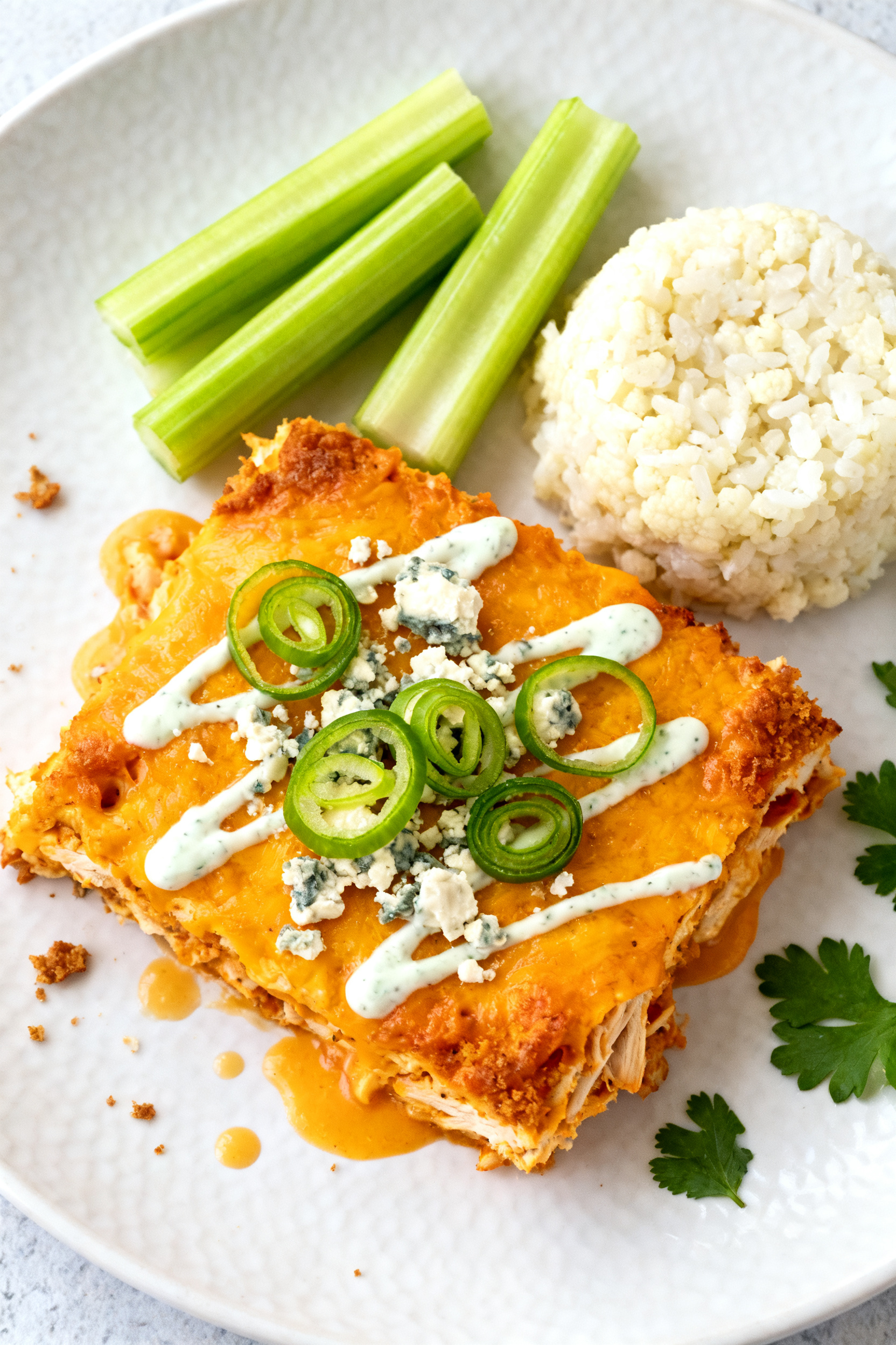 Tasty top view final presentation: Overhead shot of a plated serving of High Protein Buffalo Chicken