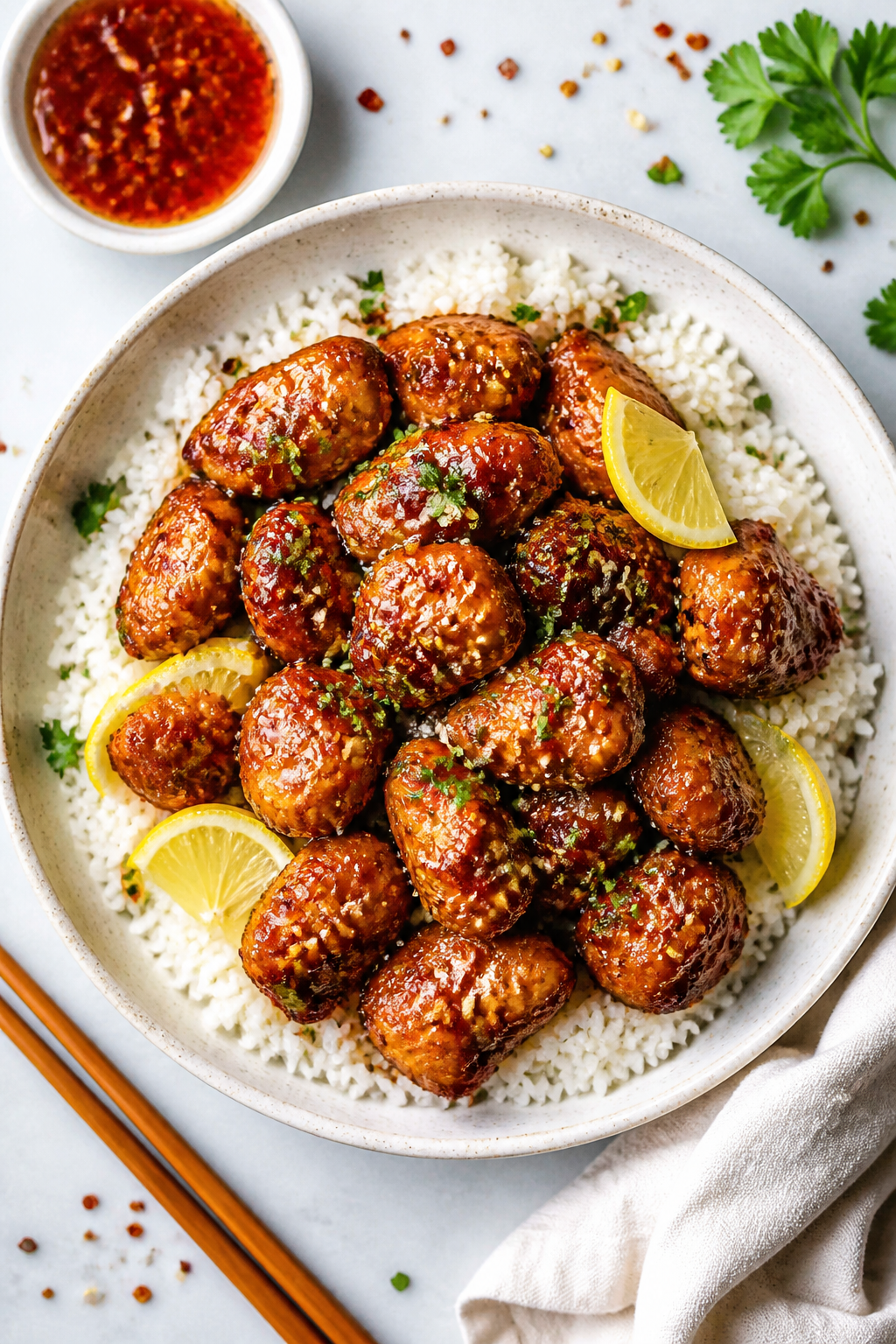 Tasty top view final presentation: Overhead shot of hot honey chicken bites served family-style over