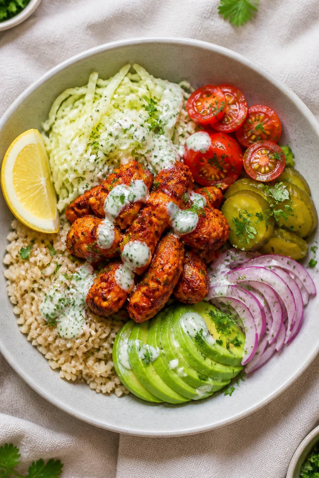 Tasty top view: Finished Protein Packed Nashville Hot Chicken Bowl—overhead shot showing a neat qu